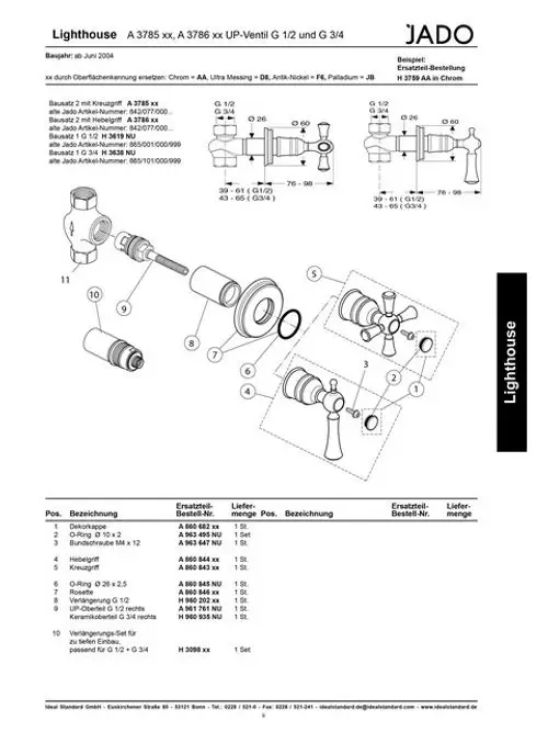 Ideal Standard O-Ring in der Größe 26x2,5 mm, abgebildet in einer Teileliste mit zugehörigen Bestellnummern und Montageanleitung.
